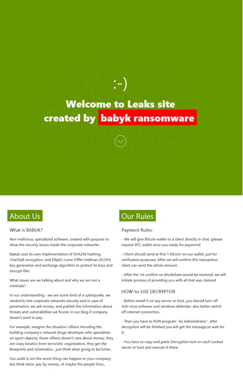 Figure 2. The leak site shows both the rebranding from “Babuk” ransomware to “Babyk” and details about the malware.