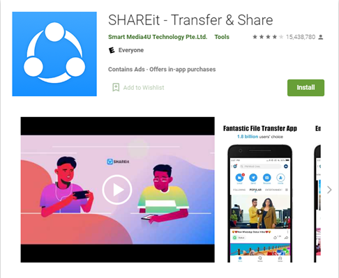 SHAREit的Google Play下載頁面
