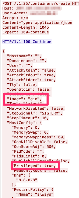 Code that shows the API pulling the container image “gin” and the privileged deployment parameter