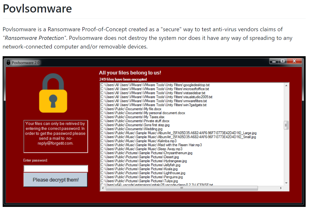 Figure 1. The ReadMe page from the Povlsomware GitHub page