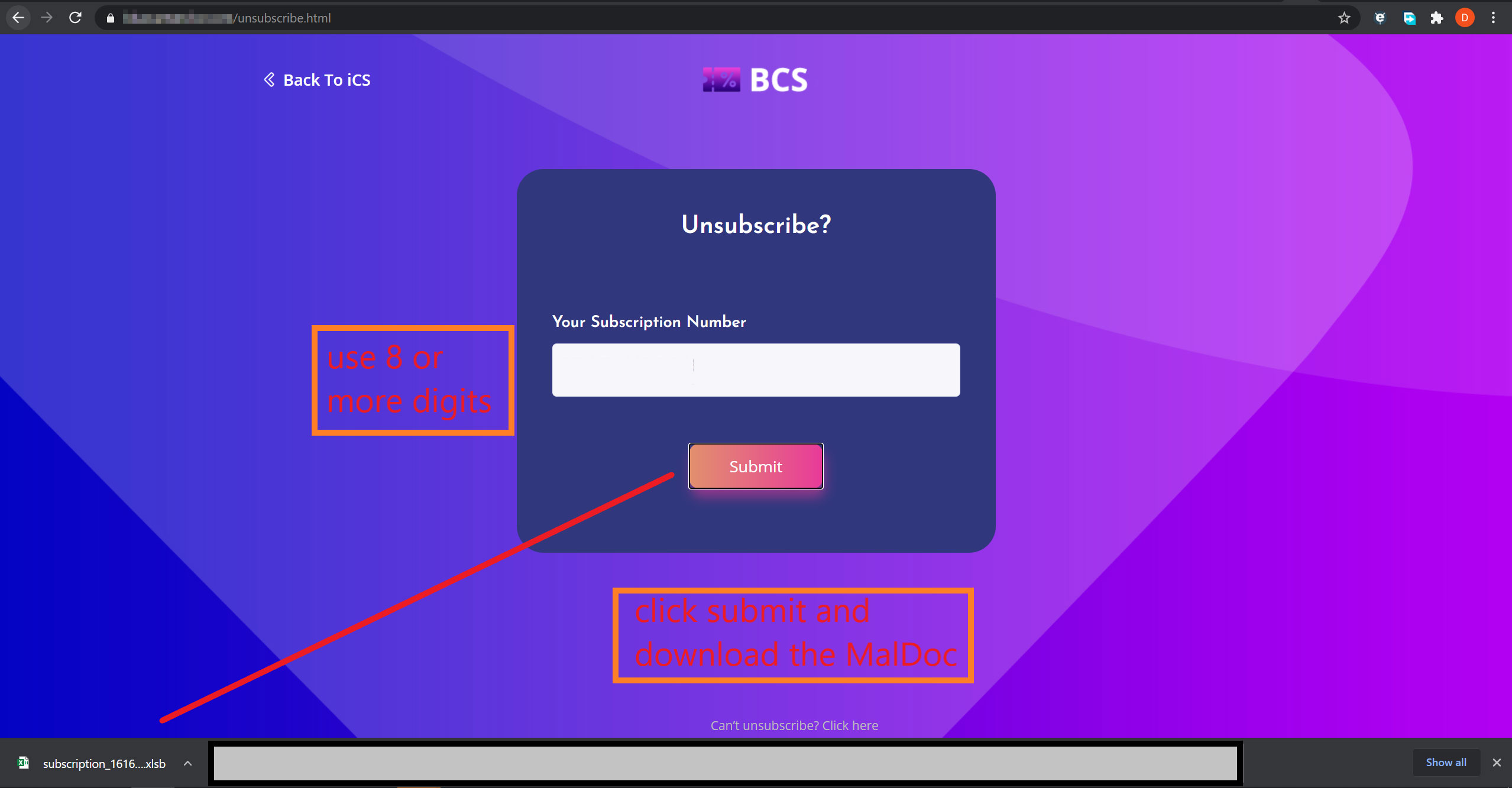 Figure 4. The subscription site and the download page for the malicious file