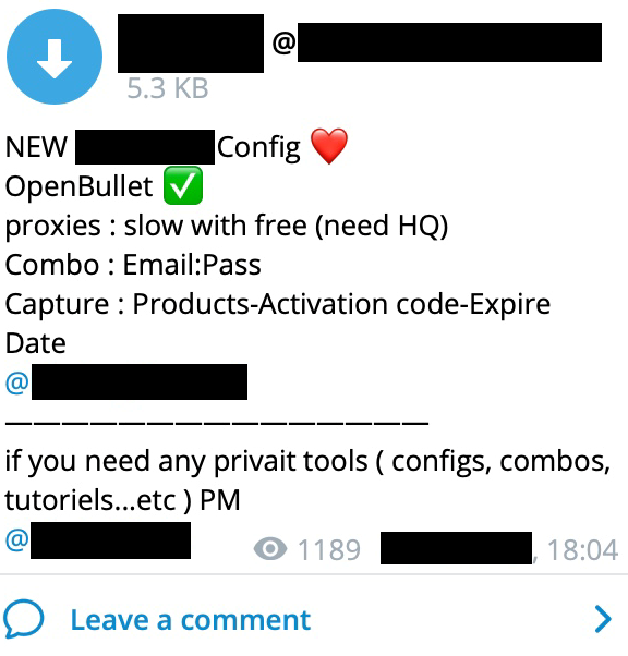 An actor sharing a LoliScript config on a Telegram channel. The script finds valid credential logs from an online antivirus company and steals product and activation codes with expiry dates.