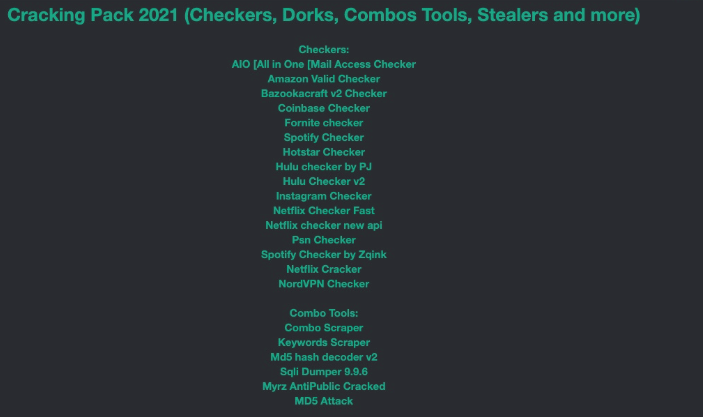 A package of tools that are related to credential checking. The package is offered on an underground forum in the Russian language.