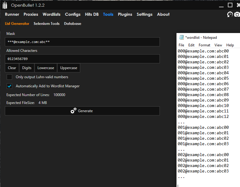 OpenBullet’s wordlist generator and the extracts of the generated wordlist on a Notepad file