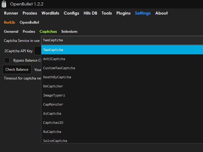 OpenBullet options for CAPTCHAs in the settings tab