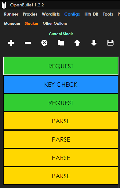 Stacker interface showing different blocks to be executed from top to bottom