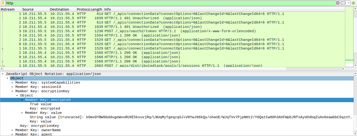 The “encrypted” property that is present in the session initiation response