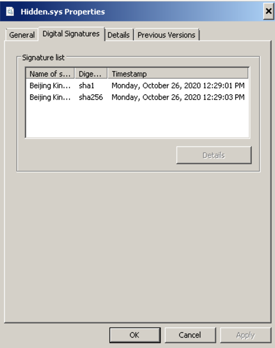 Hidden.sys properties and digital signature details (1 of 2)