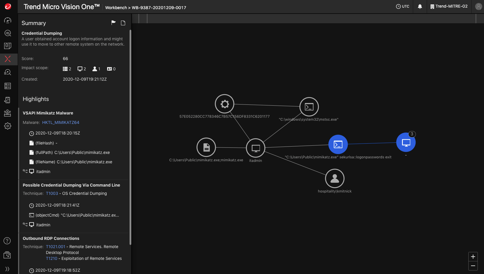 Workbench results pulling together a chain of attack involved Credential Dumping using Mimikatz Malware.