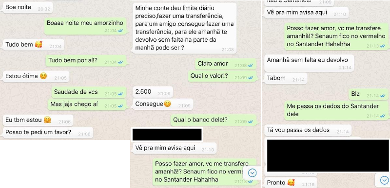 A conversation in Portuguese between a criminal (white) and the victim’s friend (green). The criminal asks for 2,500 Brazil Reals (approximately US$450). The victim's friend pays.