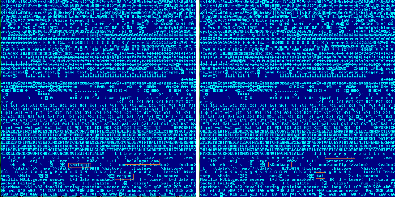 Ccompiled executable of the cracked Collector Stealer (left) and the Panda Stealer sample (right)
