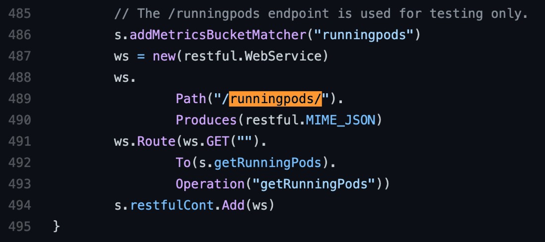 Figure 6. Kubernetes kubelet API source code analysis. Source: https://github.com/kubernetes/kubernetes/blob/master/pkg/kubelet/server/server.go#L489