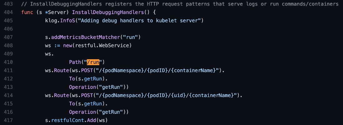 Figure 7. Part of the kubelet API Server code from Kubernetes central repository on GitHub. Source: https://github.com/kubernetes/kubernetes/blob/master/pkg/kubelet/server/server.go#L410