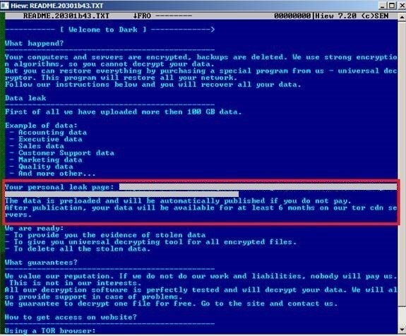 Figure 1. A DarkSide ransom note