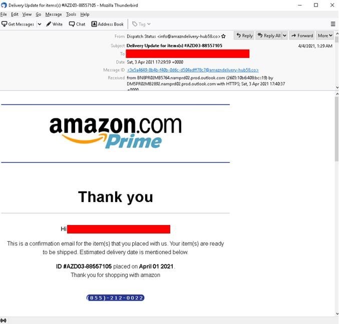 Figure 1. An example of an email scam, coming from “Amazon Prime” complete with a fake order ID and hotline number. Note the suspicious email address used by the sender containing a misspelled “Amazon.”