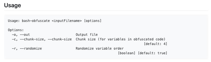 Figure 10. node-bash-obfuscate options