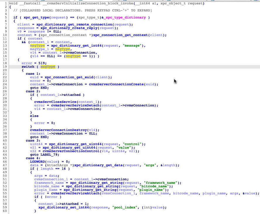 Figure 1. Switch case logic of the CVMServer dispatching many kinds of XPC messages