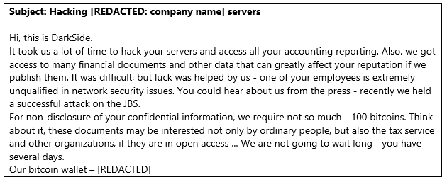 Figure 1.. Sample content from the email sent by threat actors posing as DarkSide