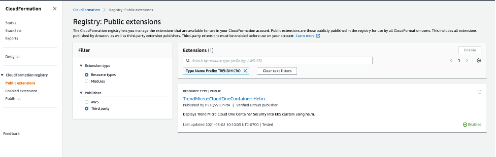 Trend Micro Cloud One – Container Security resource type in AWS Management Console.