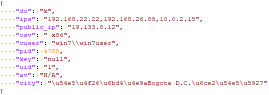 Figure 19. Decoded “join” event sent to the C&C server. It’s important to note that attributes like IP address, computer and username, architecture, installed antivirus, and geolocation are included.