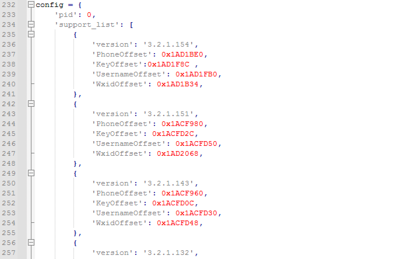 Figure 25. A predefined list of memory offset intended to grab information from different versions of WeChat