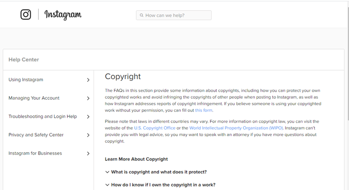 Figure 6. The section on copyright on the actual Instagram support site, to which the phishing site’s confirmation page leads 