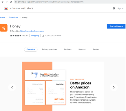 Figure 8. Honey Chrome extension