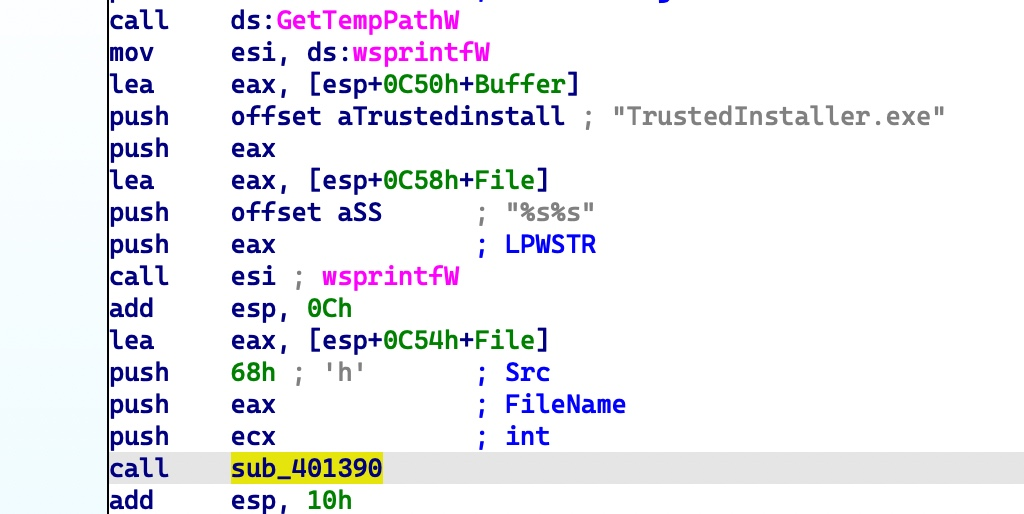 Figure 10. Code used in the file “TrustedInstaller.exe”