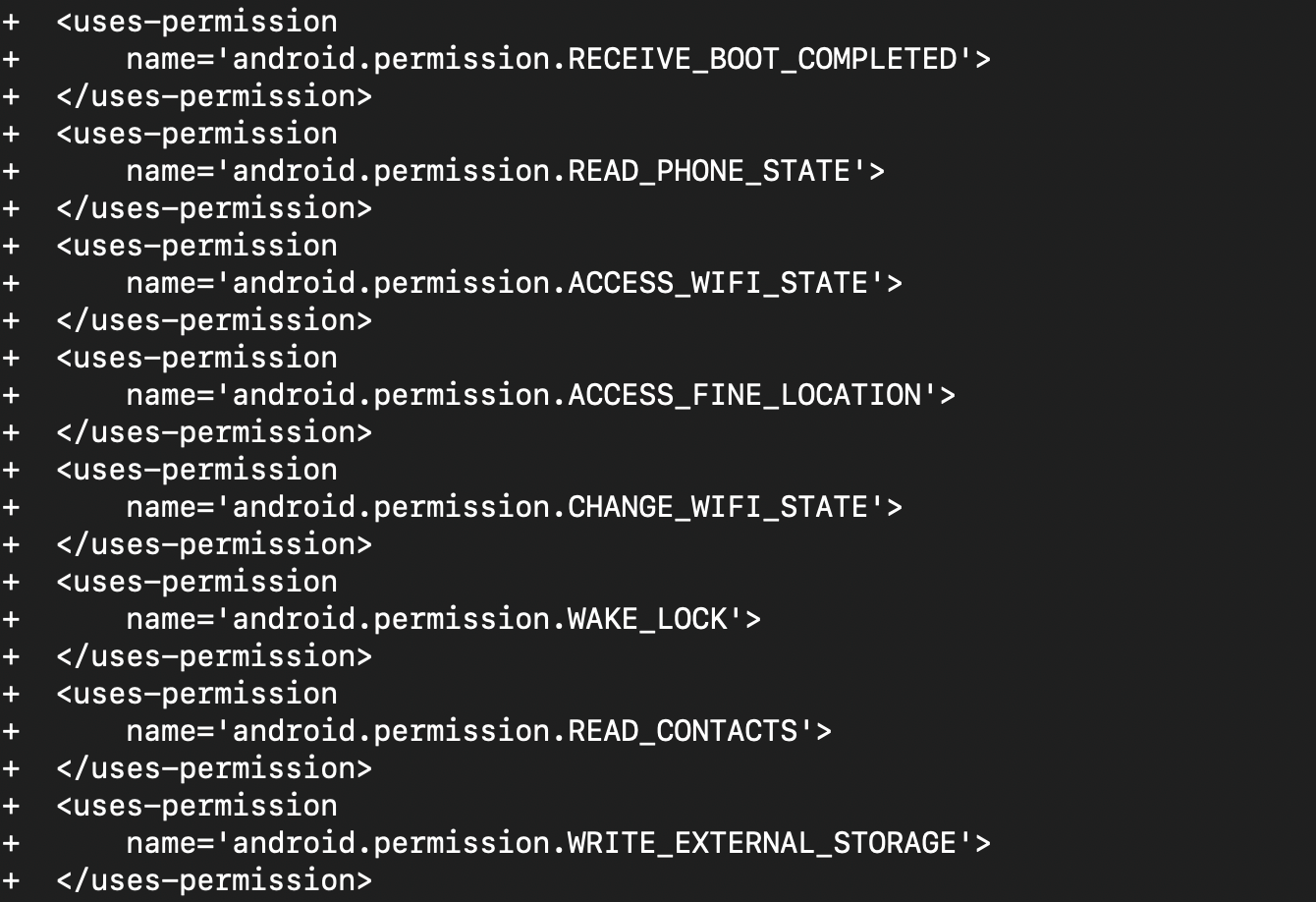 Figure 2. The modified AndroidManifest.xml of the malicious app