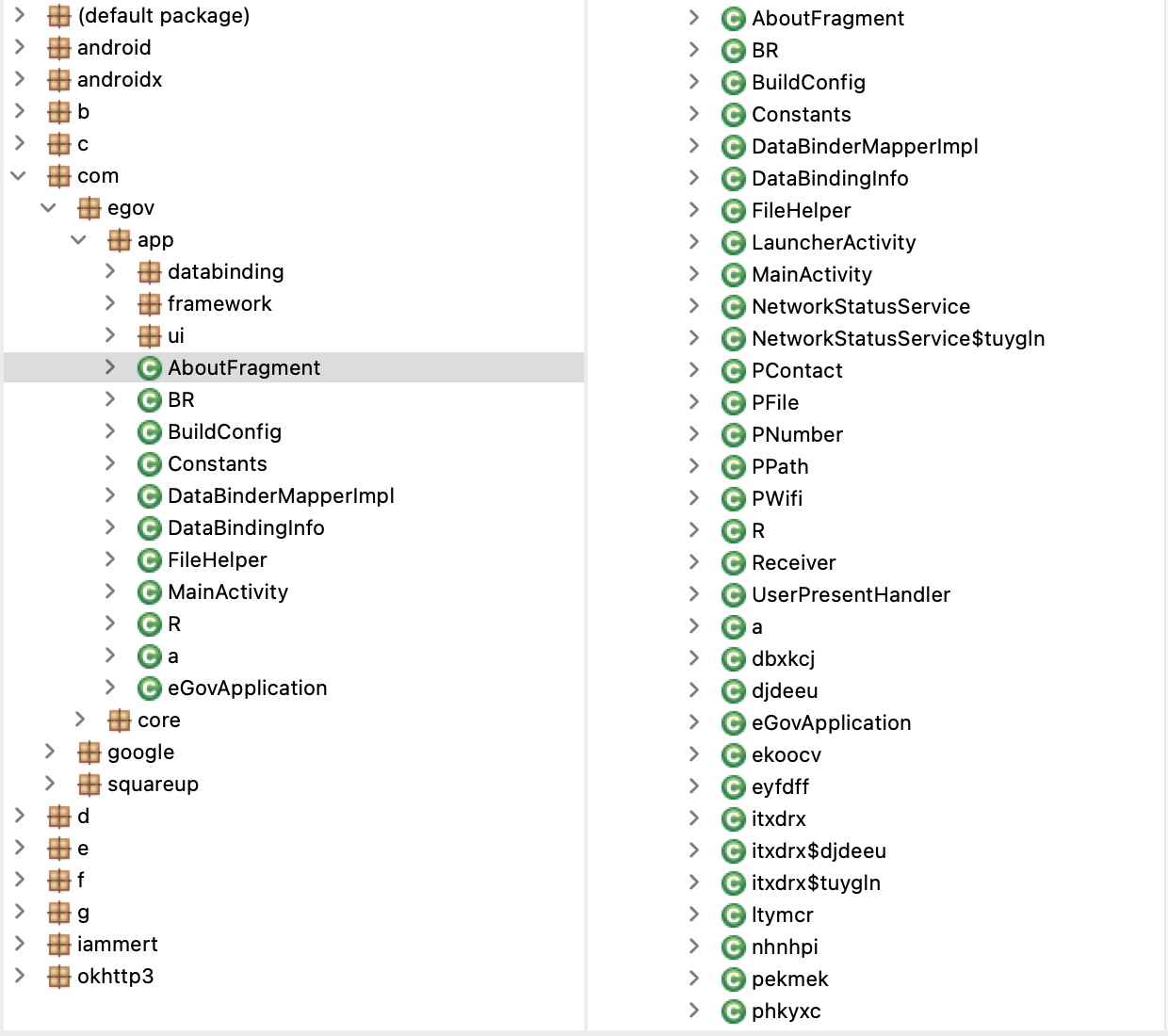 Figure 3. The classes added to the malicious app are shown in the right part of the image. The original classes are shown in the left.