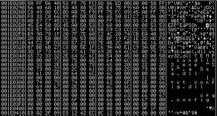 The decrypted format.cfg shellcode; strings with file names and rundll32 command are visible