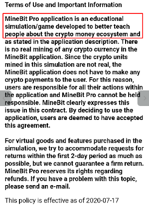 The MineBit Pro - Crypto Cloud Mining & btc miner application’s Terms of Use and Important Information section