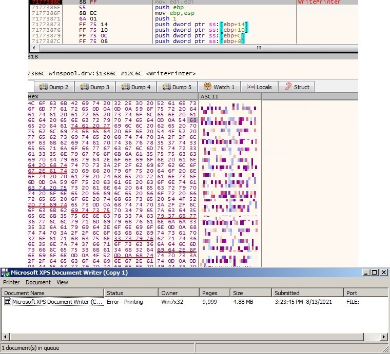 Figure 7. The WritePrinter API used to print ransom notes on printers 