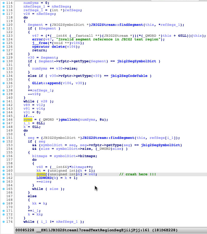 Screenshot of the function JBIG2Stream::readTextRegionSeg showing the crash point