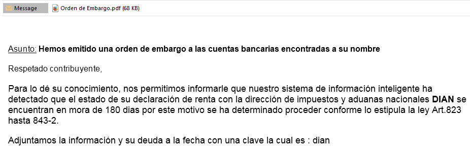 A delivery email impersonating Colombia’s national directorate of taxes and customs