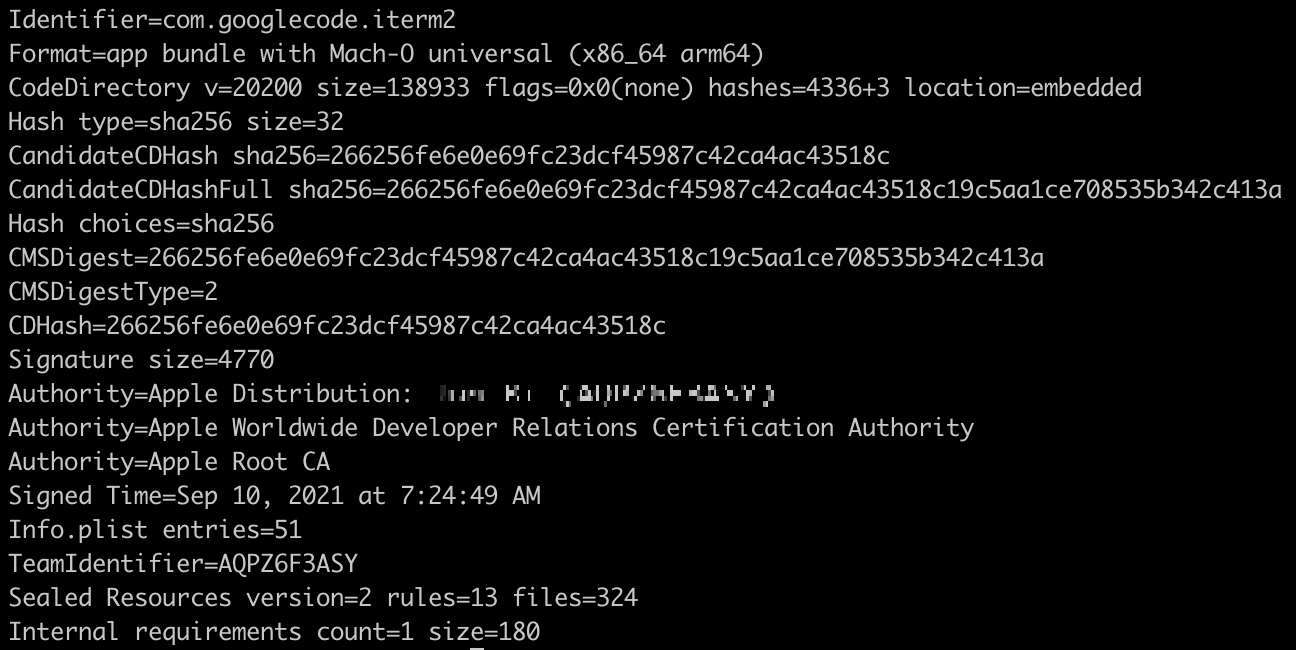 Figure 3. Trojanized iTerm2 app code signing