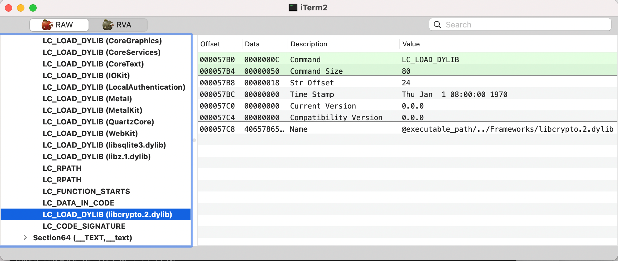 Figure 5. The load command LC_LOAD_DYLIB loads the file libcrypto.2.dylib