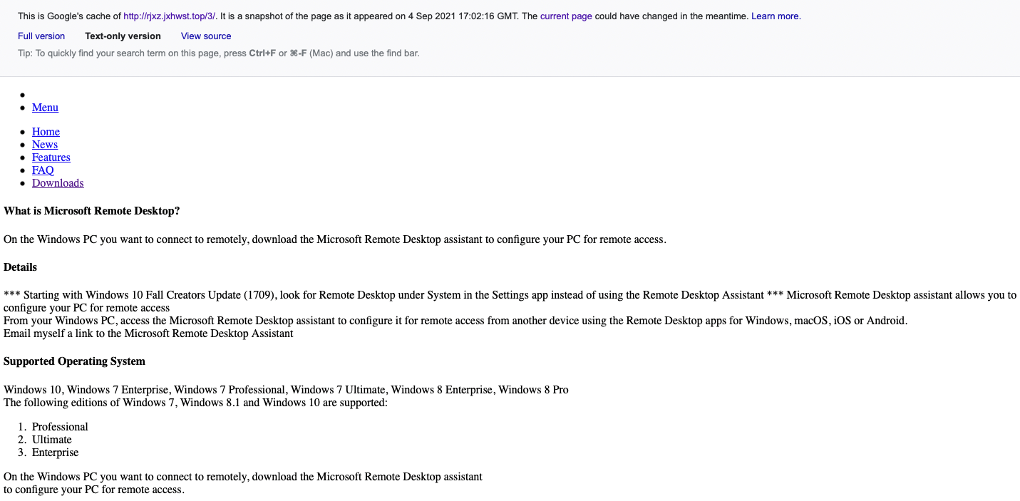 Figure 13. The cache of the fake “Microsoft Remote Desktop” page