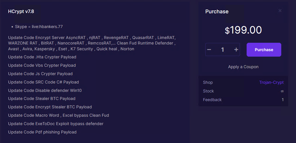 Figure 2. HCrypt v7.8 updates that also list RAT variants and the purchase price