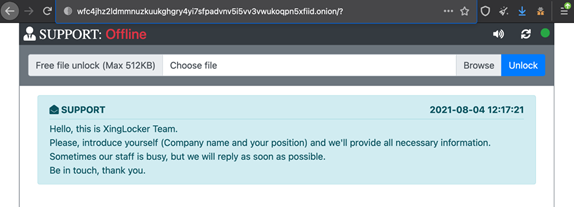 Figure 1. XingLocker’s welcome message on their victim “support” page, shown if the victim clicks the link on the ransom note