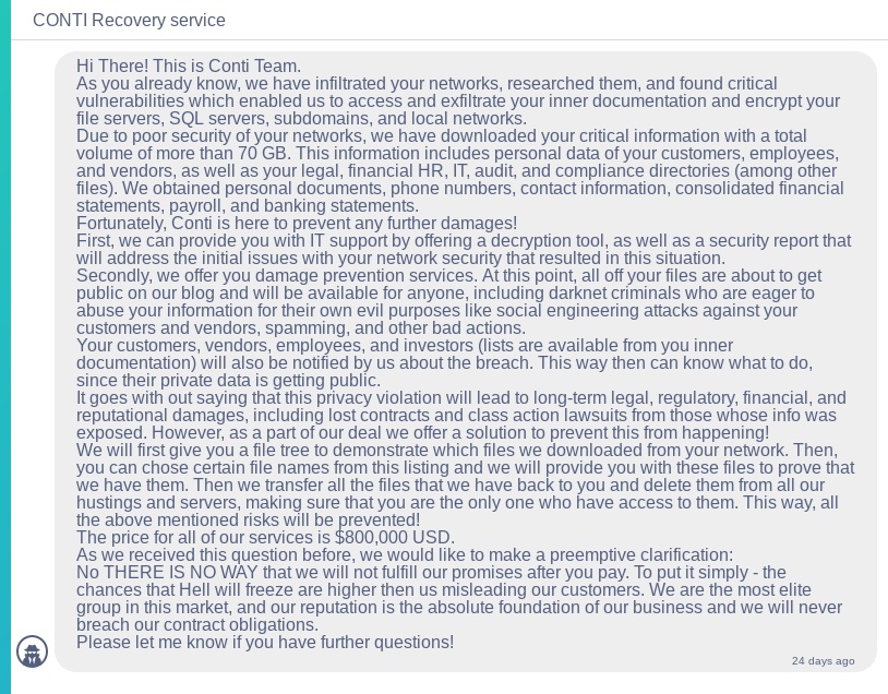 Figure 6. Conti’s introductory chat message from criminals