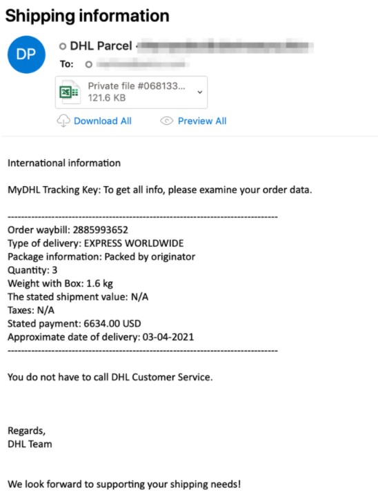 Figure 1. Example of a DHL themed email